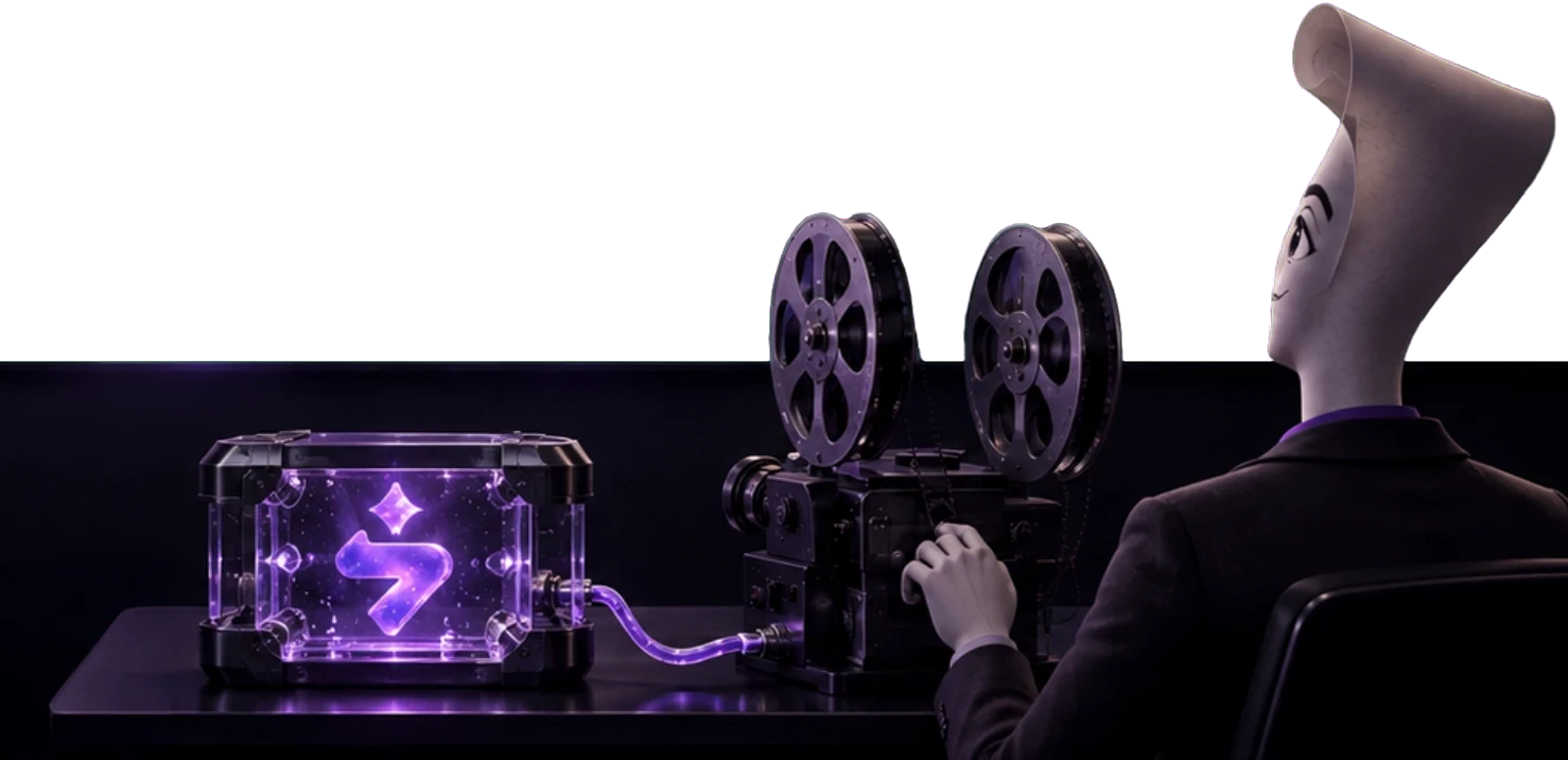 A projectionist at a film projector, beside a glass tank holding a glowing Sawa mark.